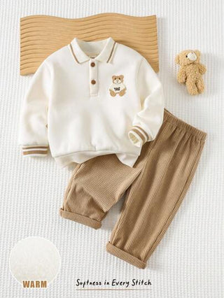 Cozy Pixies مجموعة بنطلون وبلوزة كارتون دب للأطفال الصبيان، بلوزة كم طويل رقبة طاقم ناعمة مصنوعة من الأكريليك، وبنطلون خصر مطاطي، 2 قطعة