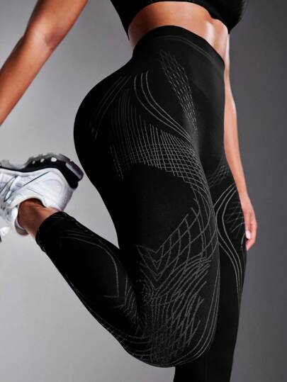 Powerista سروال رياضي للنساء ذو خصر عالي بدون خياطة، بتصميم مخطط، بنطلون اليوغا