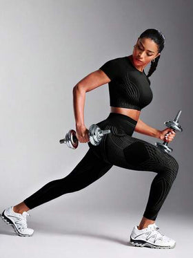 Powerista سروال رياضي للنساء ذو خصر عالي بدون خياطة، بتصميم مخطط، بنطلون اليوغا