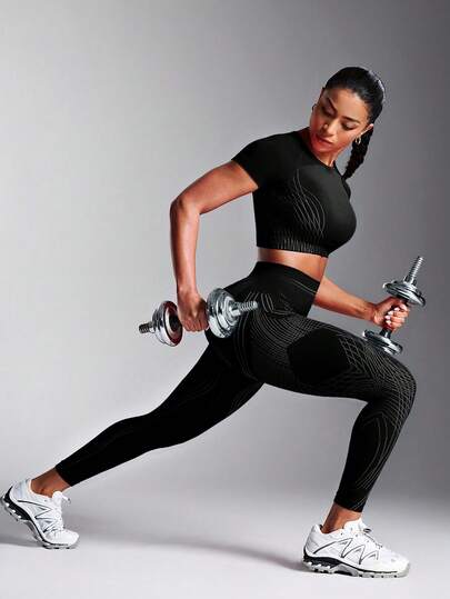 Powerista سروال رياضي للنساء ذو خصر عالي بدون خياطة، بتصميم مخطط، بنطلون اليوغا