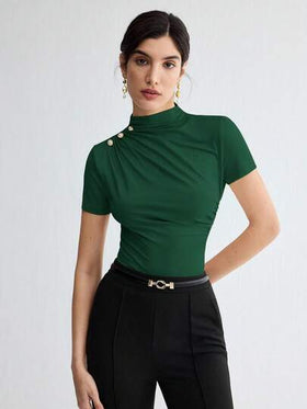 BizChic ملابس علوية نسائي أنيق بأكمام قصيرة ذو لون أحادي، مناسب للعمل والمدرسة والأسلوب الكلاسيكي