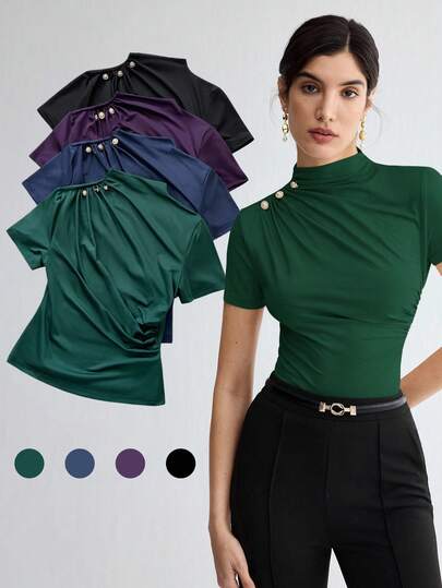 BizChic ملابس علوية نسائي أنيق بأكمام قصيرة ذو لون أحادي، مناسب للعمل والمدرسة والأسلوب الكلاسيكي