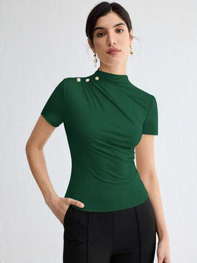 BizChic ملابس علوية نسائي أنيق بأكمام قصيرة ذو لون أحادي، مناسب للعمل والمدرسة والأسلوب الكلاسيكي