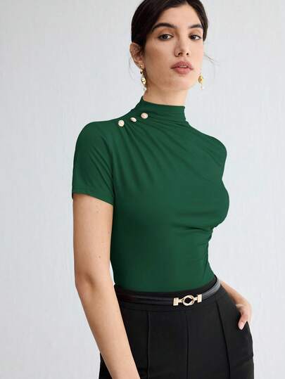 BizChic ملابس علوية نسائي أنيق بأكمام قصيرة ذو لون أحادي، مناسب للعمل والمدرسة والأسلوب الكلاسيكي