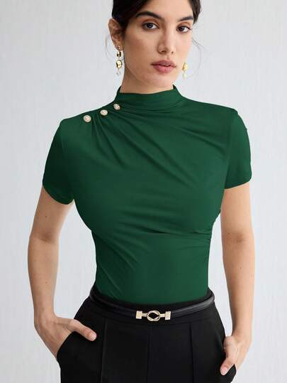 BizChic ملابس علوية نسائي أنيق بأكمام قصيرة ذو لون أحادي، مناسب للعمل والمدرسة والأسلوب الكلاسيكي