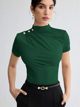 BizChic ملابس علوية نسائي أنيق بأكمام قصيرة ذو لون أحادي، مناسب للعمل والمدرسة والأسلوب الكلاسيكي