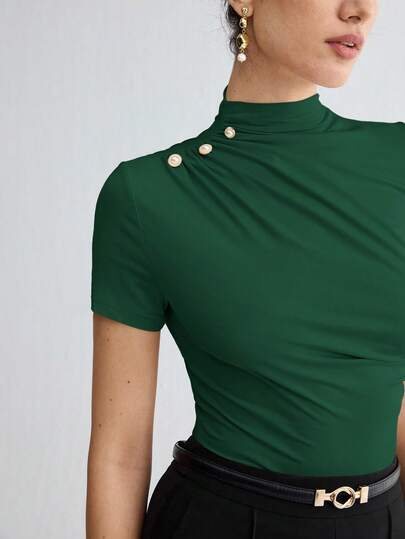 BizChic ملابس علوية نسائي أنيق بأكمام قصيرة ذو لون أحادي، مناسب للعمل والمدرسة والأسلوب الكلاسيكي