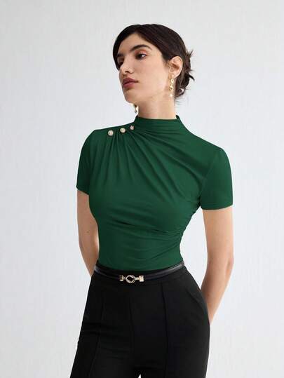 BizChic ملابس علوية نسائي أنيق بأكمام قصيرة ذو لون أحادي، مناسب للعمل والمدرسة والأسلوب الكلاسيكي