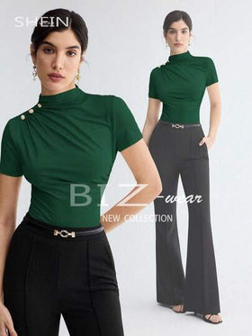 BizChic ملابس علوية نسائي أنيق بأكمام قصيرة ذو لون أحادي، مناسب للعمل والمدرسة والأسلوب الكلاسيكي
