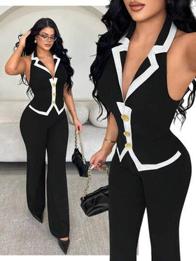 SHEIN SXY بدلة نسائية أنيقة عالية الجودة من قطعتين، سترة بلا أكمام مع حزام معدني باللونين الأسود والأبيض بطراز النقود القديمة + بنطلون مستقيم فائق الطول، مناسبة للارتداء اليومي والمناسبات الرسمية والخروجات والحفلات؛ بدلة بنطلون من قطعتين باللونين الأسود و