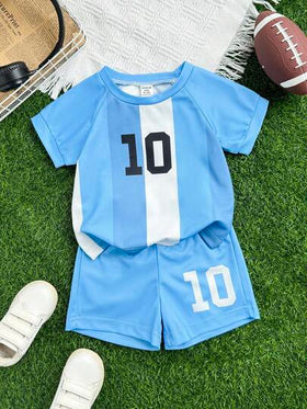 SHEIN طقم رياضي كاجوال لطفل رضيع حديث الولادة من عمر 0-3 سنوات، ملابس علوية كرة قدم بأكمام راجلان وشورت، فريق برشلونة