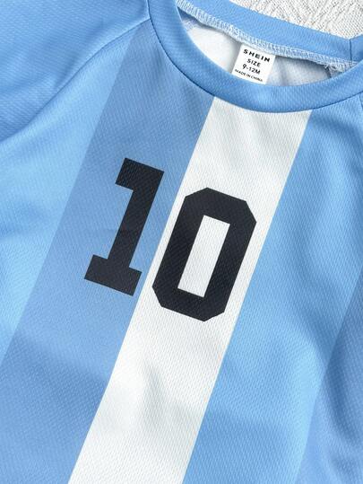 SHEIN طقم رياضي كاجوال لطفل رضيع حديث الولادة من عمر 0-3 سنوات، ملابس علوية كرة قدم بأكمام راجلان وشورت، فريق برشلونة