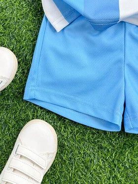 SHEIN طقم رياضي كاجوال لطفل رضيع حديث الولادة من عمر 0-3 سنوات، ملابس علوية كرة قدم بأكمام راجلان وشورت، فريق برشلونة