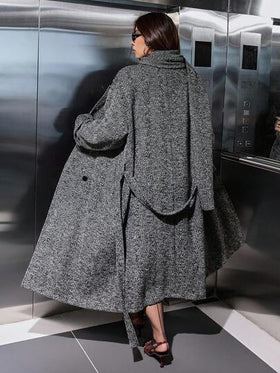 SHEIN EZwear معطف طويل مزدوج الصدر بنمط السمكة للنساء ذوات الحجم الكبير، معطف موضة خريفي/شتوي للنساء بنمط السمكة