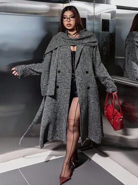 SHEIN EZwear معطف طويل مزدوج الصدر بنمط السمكة للنساء ذوات الحجم الكبير، معطف موضة خريفي/شتوي للنساء بنمط السمكة