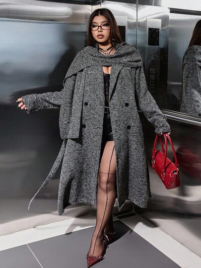 SHEIN EZwear معطف طويل مزدوج الصدر بنمط السمكة للنساء ذوات الحجم الكبير، معطف موضة خريفي/شتوي للنساء بنمط السمكة