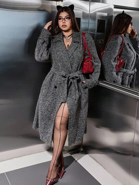 SHEIN EZwear معطف طويل مزدوج الصدر بنمط السمكة للنساء ذوات الحجم الكبير، معطف موضة خريفي/شتوي للنساء بنمط السمكة