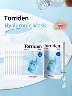 Torriden قناع الوجه بحمض الهيالورونيك (10 أوراق)، قناع الوجه المرطب، مناسب للبشرة الحساسة والجافة | خالي من العطور والكحول والملونات | رعاية البشرة الكورية النباتية والخالية من التجارب على الحيوانات، هدية