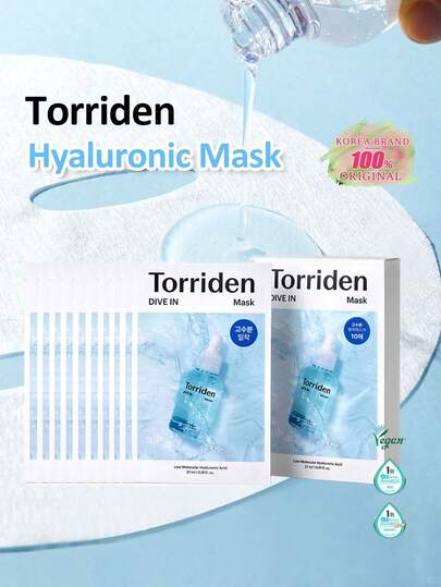 Torriden قناع الوجه بحمض الهيالورونيك (10 أوراق)، قناع الوجه المرطب، مناسب للبشرة الحساسة والجافة | خالي من العطور والكحول والملونات | رعاية البشرة الكورية النباتية والخالية من التجارب على الحيوانات، هدية