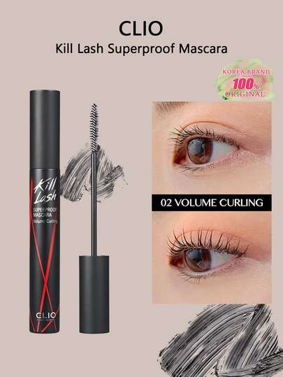 Clio ماسكارا كيل لاش فائقة المقاومة للماء، 02 مكثف وملتوي، مستحضرات تجميل كورية، قابل للغسيل، صيغة نباتية، فائق الحجم، مقاوم للبقع، خالي من التكتل، طويل الأمد، 0.24 أونصة سائلة، هدية