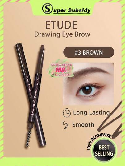 ETUDE قلم حواجب بني 0.25 جرام/#3، لون دائم، يخلق مكياج حواجب طبيعي وناعم للاستخدام اليومي، مستحضرات تجميل كورية، طقم هدايا، 0.25 جرام/0.01 أونصة