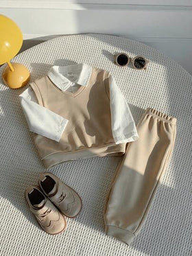SHEIN 3 قطع مجموعة للأطفال الصبيان تتكون من صدرية بلا أكمام بلون المشمش والأبيض، وكارديجان بياقة طويل الأكمام، وبنطال كاجوال، طراز جنتلمان متعدد الاستخدامات مناسب للمدرسة والخروجات والارتداء المنزلي، مناسب للخريف والشتاء