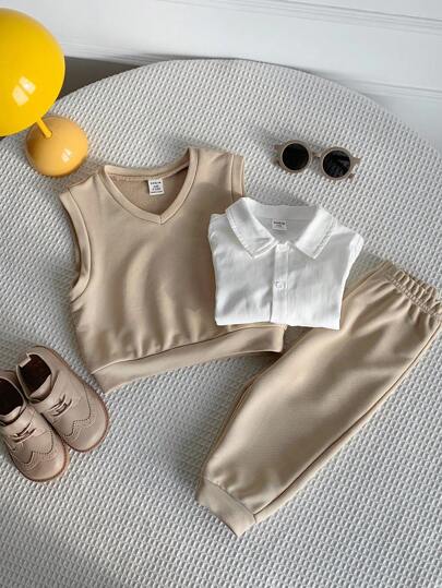 SHEIN 3 قطع مجموعة للأطفال الصبيان تتكون من صدرية بلا أكمام بلون المشمش والأبيض، وكارديجان بياقة طويل الأكمام، وبنطال كاجوال، طراز جنتلمان متعدد الاستخدامات مناسب للمدرسة والخروجات والارتداء المنزلي، مناسب للخريف والشتاء