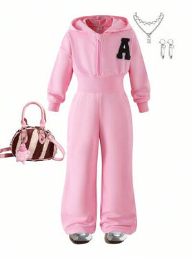 Elladie kids جمبسوت رياضية كاجوال يومية للبنات، بأكمام طويلة وغطاء للرأس وسحاب، بوردي، بخصر مرن وسحاب، بسيطة وراحة، خريفية
