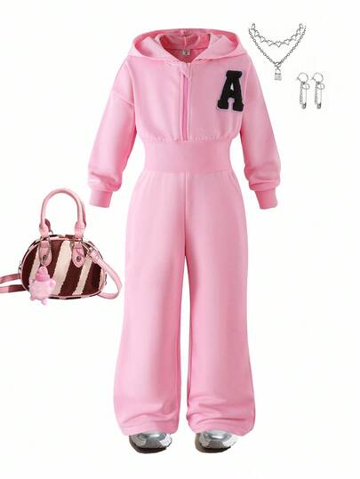 Elladie kids جمبسوت رياضية كاجوال يومية للبنات، بأكمام طويلة وغطاء للرأس وسحاب، بوردي، بخصر مرن وسحاب، بسيطة وراحة، خريفية