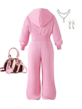 Elladie kids جمبسوت رياضية كاجوال يومية للبنات، بأكمام طويلة وغطاء للرأس وسحاب، بوردي، بخصر مرن وسحاب، بسيطة وراحة، خريفية