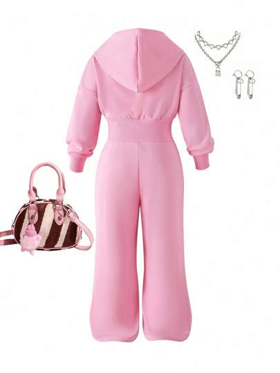 Elladie kids جمبسوت رياضية كاجوال يومية للبنات، بأكمام طويلة وغطاء للرأس وسحاب، بوردي، بخصر مرن وسحاب، بسيطة وراحة، خريفية