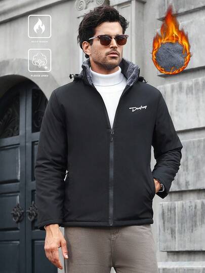 Manfinity CasualCool معطف شتوي مبطن بسحاب وقبعة مطبوع عليه رسم طائر، قياس فضفاض للرجال