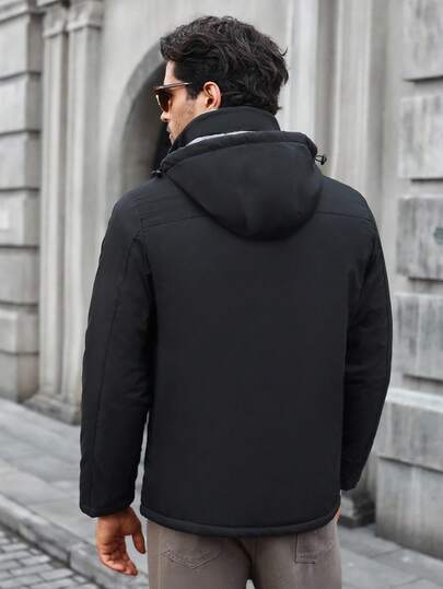 Manfinity CasualCool معطف شتوي مبطن بسحاب وقبعة مطبوع عليه رسم طائر، قياس فضفاض للرجال