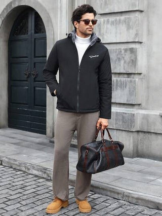Manfinity CasualCool معطف شتوي مبطن بسحاب وقبعة مطبوع عليه رسم طائر، قياس فضفاض للرجال