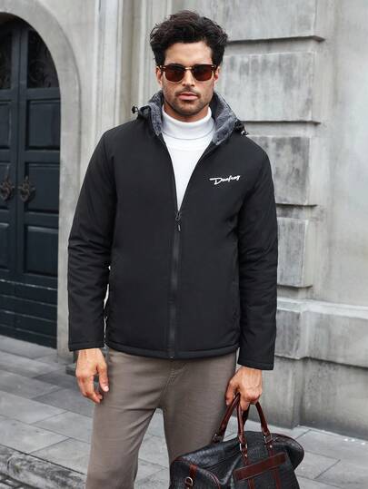 Manfinity CasualCool معطف شتوي مبطن بسحاب وقبعة مطبوع عليه رسم طائر، قياس فضفاض للرجال