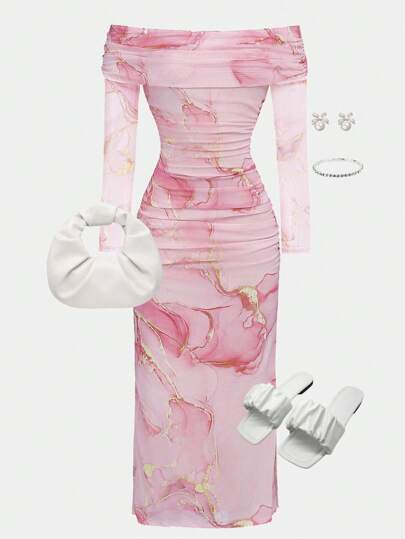 SHEIN فستان ميدي مريح للفتيات المراهقات بخصر مشدود وأكتاف مكشوفة، تصميم بسيط وعصري