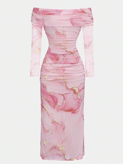 SHEIN فستان ميدي مريح للفتيات المراهقات بخصر مشدود وأكتاف مكشوفة، تصميم بسيط وعصري