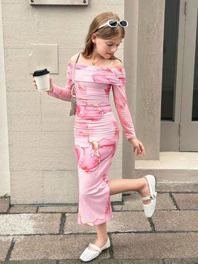 SHEIN فستان ميدي مريح للفتيات المراهقات بخصر مشدود وأكتاف مكشوفة، تصميم بسيط وعصري