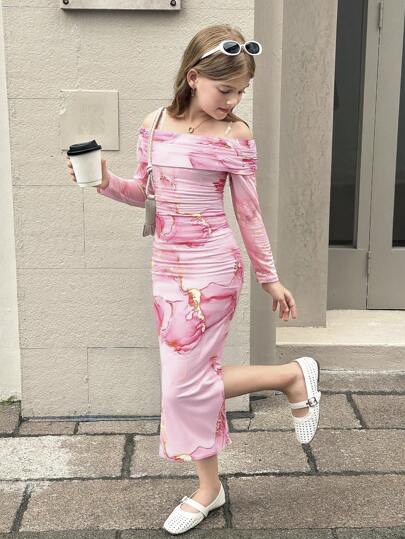 SHEIN فستان ميدي مريح للفتيات المراهقات بخصر مشدود وأكتاف مكشوفة، تصميم بسيط وعصري