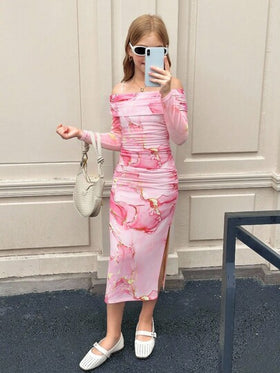 SHEIN فستان ميدي مريح للفتيات المراهقات بخصر مشدود وأكتاف مكشوفة، تصميم بسيط وعصري