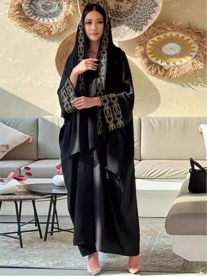 1 قطعة حجاب أنيق مطرز بتصميم بسيط وراقي + عباءة مفتوحة، عباءة طويلة مطرزة بطريقة عربية أنيقة، ملائمة للاستخدام اليومي للنساء في جميع الفصول