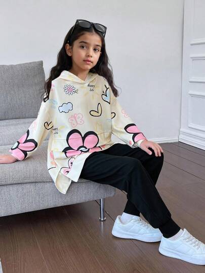 SHEIN مجموعتان من ملابس البنات المراهقات الرياضية الكاجوال الرياضية ذات الطباعة الرسومية والقلب الكرتوني والنصوص الإنجليزية، بتصميم فضفاض مريح، سترة هوديي بأكمام طويلة وبنطلون ضيق قطني مناسب للربيع والخريف والشتاء والارتداء المنزلي والخارجي