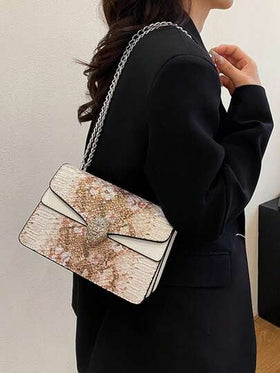 حقيبة مربعة صغيرة بسلسلة عتيقة مزخرفة بنقش التمساح، حقيبة كتف وحقيبة متعددة الاستخدامات عصرية (23*15*9) سم