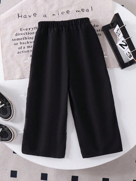 SHEIN Genkimix Kids بنطلون رياضي كاجوال مريح بفيونكة ربطة أسود ثابت، مناسب للصيف والخريف والشتاء