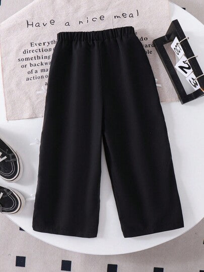 SHEIN Genkimix Kids بنطلون رياضي كاجوال مريح بفيونكة ربطة أسود ثابت، مناسب للصيف والخريف والشتاء