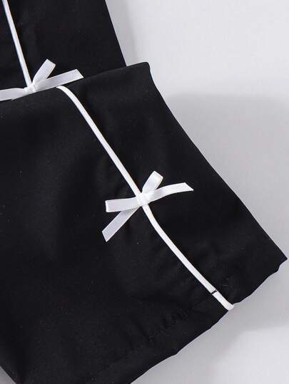 SHEIN Genkimix Kids بنطلون رياضي كاجوال مريح بفيونكة ربطة أسود ثابت، مناسب للصيف والخريف والشتاء
