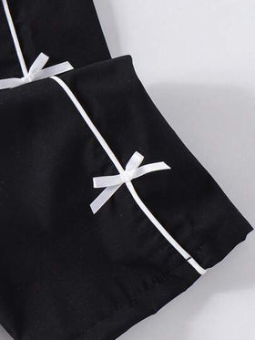 SHEIN Genkimix Kids بنطلون رياضي كاجوال مريح بفيونكة ربطة أسود ثابت، مناسب للصيف والخريف والشتاء