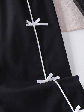 SHEIN Genkimix Kids بنطلون رياضي كاجوال مريح بفيونكة ربطة أسود ثابت، مناسب للصيف والخريف والشتاء