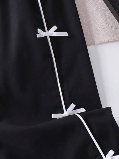 SHEIN Genkimix Kids بنطلون رياضي كاجوال مريح بفيونكة ربطة أسود ثابت، مناسب للصيف والخريف والشتاء