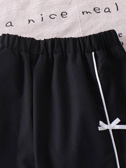 SHEIN Genkimix Kids بنطلون رياضي كاجوال مريح بفيونكة ربطة أسود ثابت، مناسب للصيف والخريف والشتاء